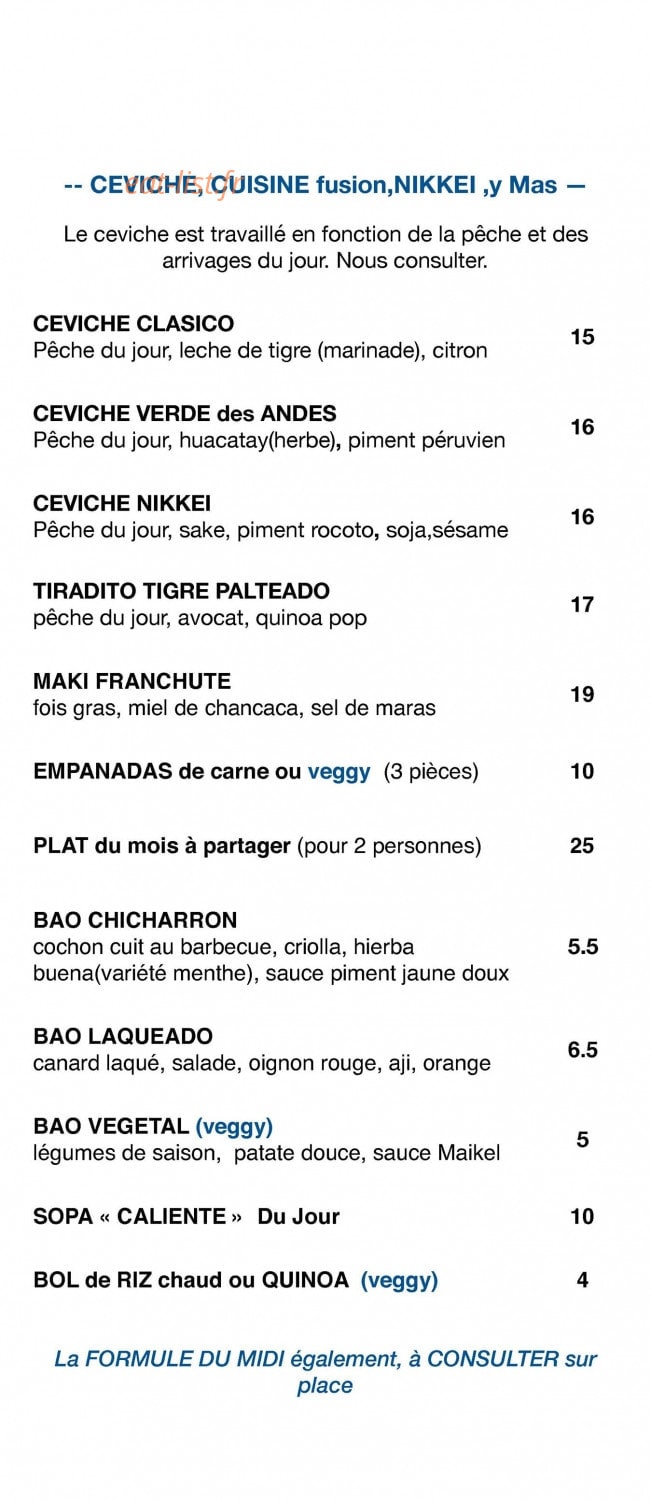 Yka, Bar et Ceviche — carte page 1