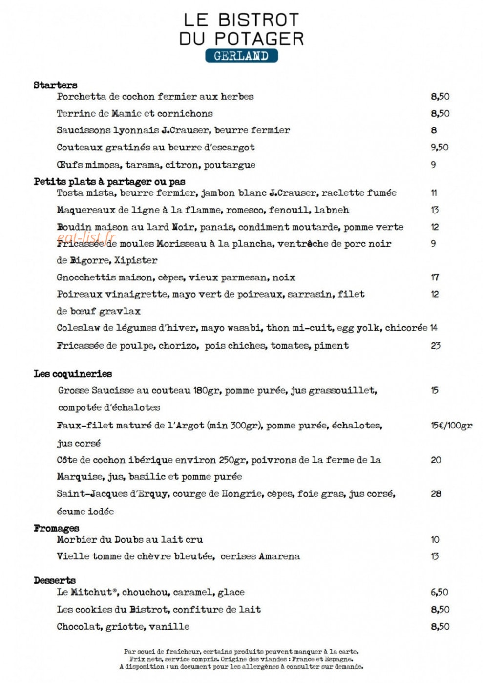 Bistrot du Potager — carte page 2