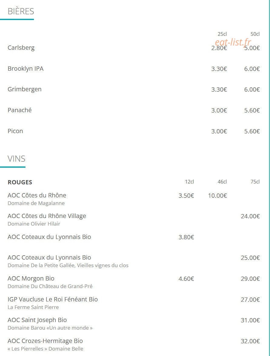 Carte et menu de Le French Fumoir à Lyon 7 — Les bières, vins