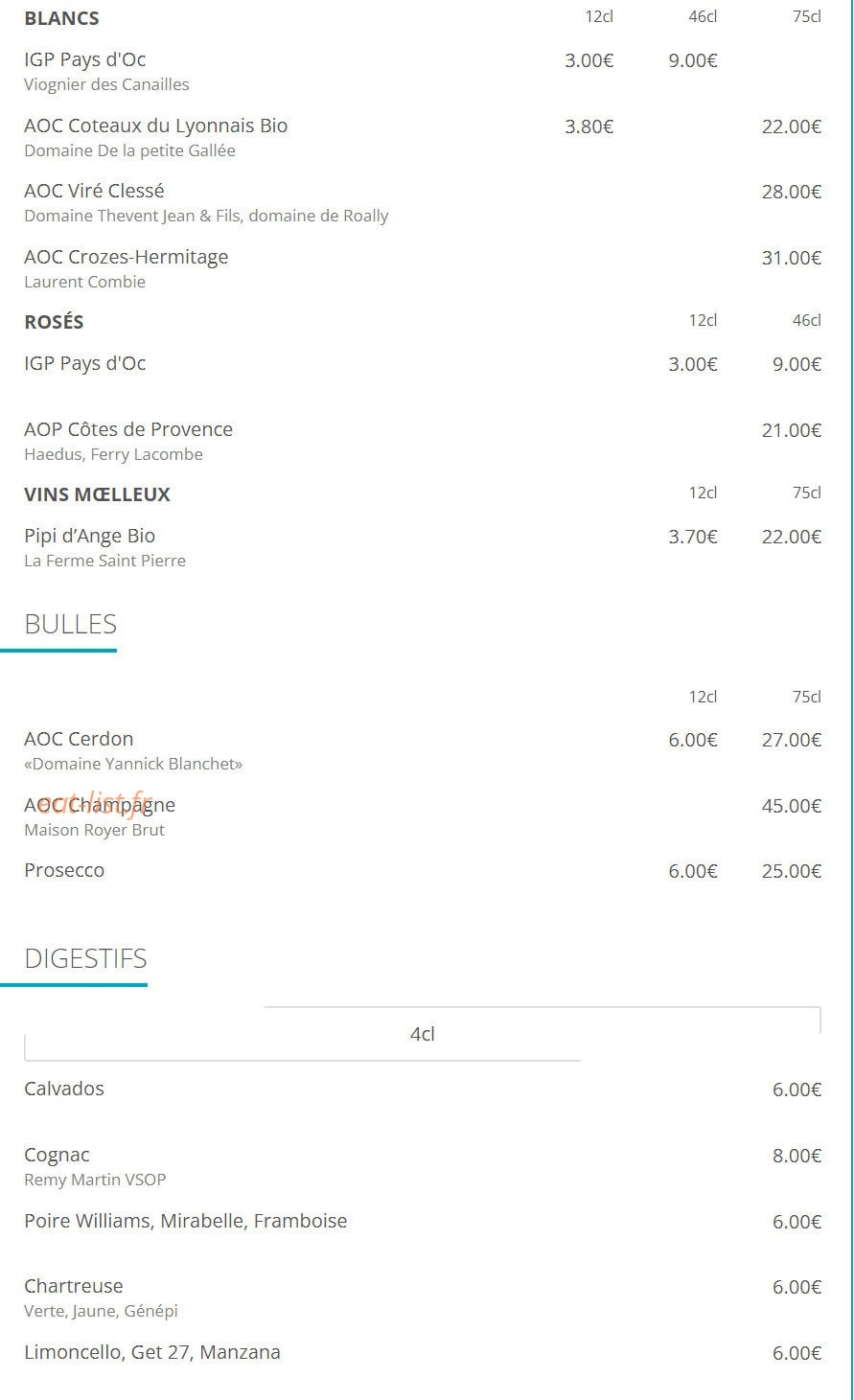 Carte et menu de Le French Fumoir à Lyon 7 — Les bulles, digestifs