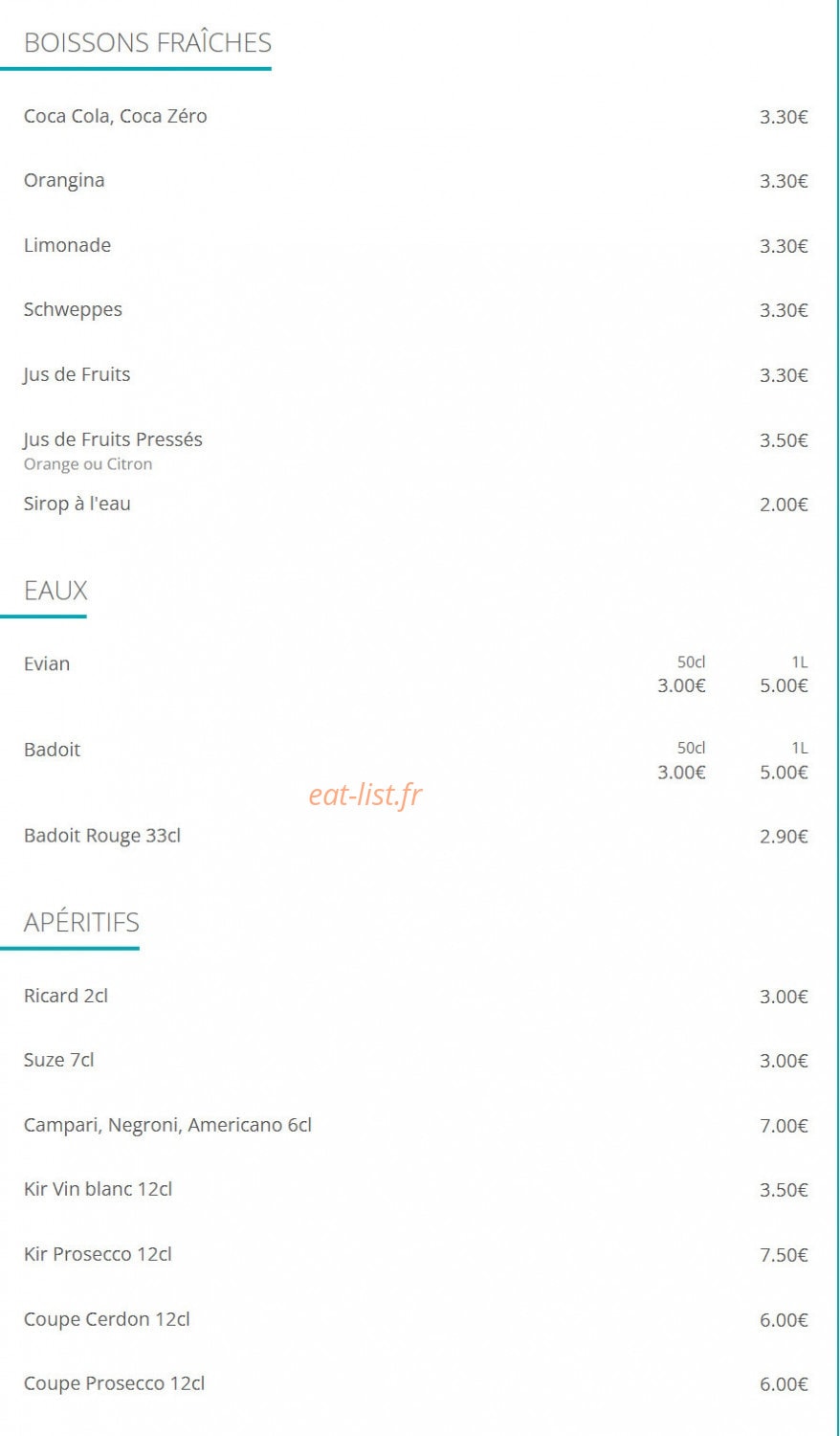 Carte et menu de Le French Fumoir à Lyon 7 — Les boissons fraîches, eaux, ...