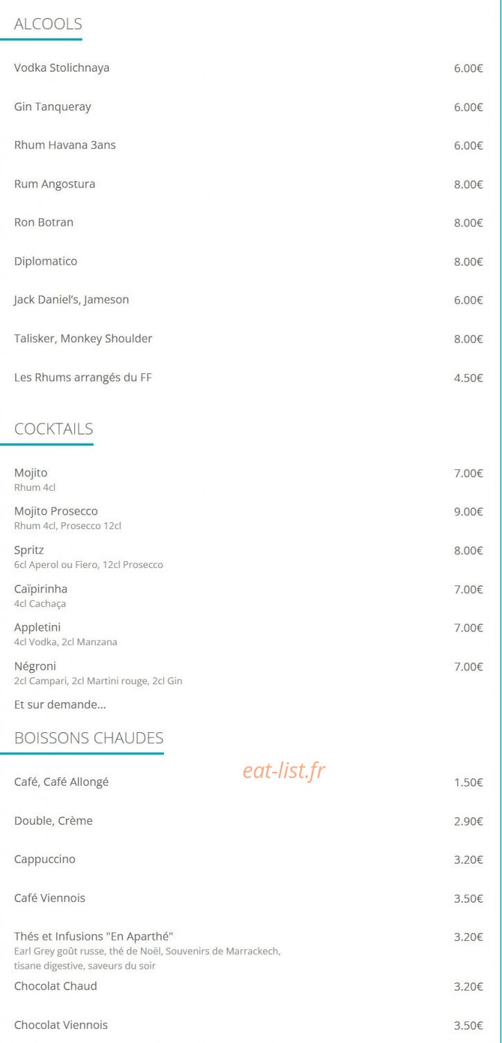Carte et menu de Le French Fumoir à Lyon 7 — Les alcools, cocktails, ...