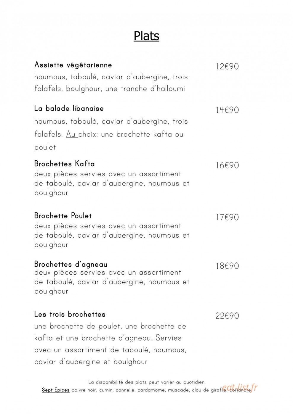 Sept Epices — carte page 3