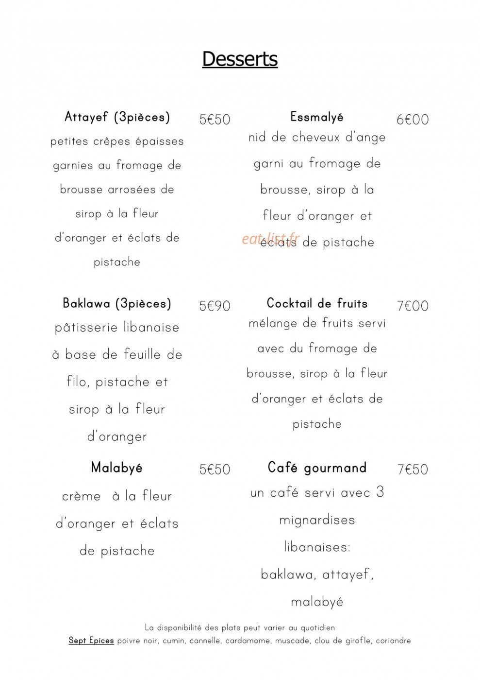 Sept Epices — carte page 5