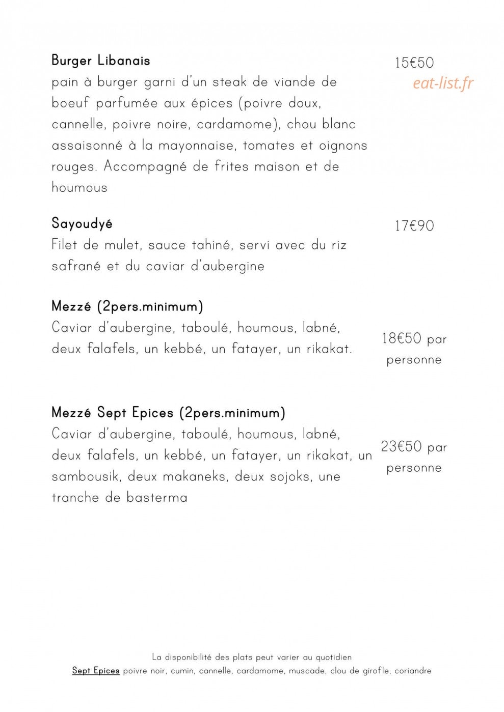 Sept Epices — carte page 4