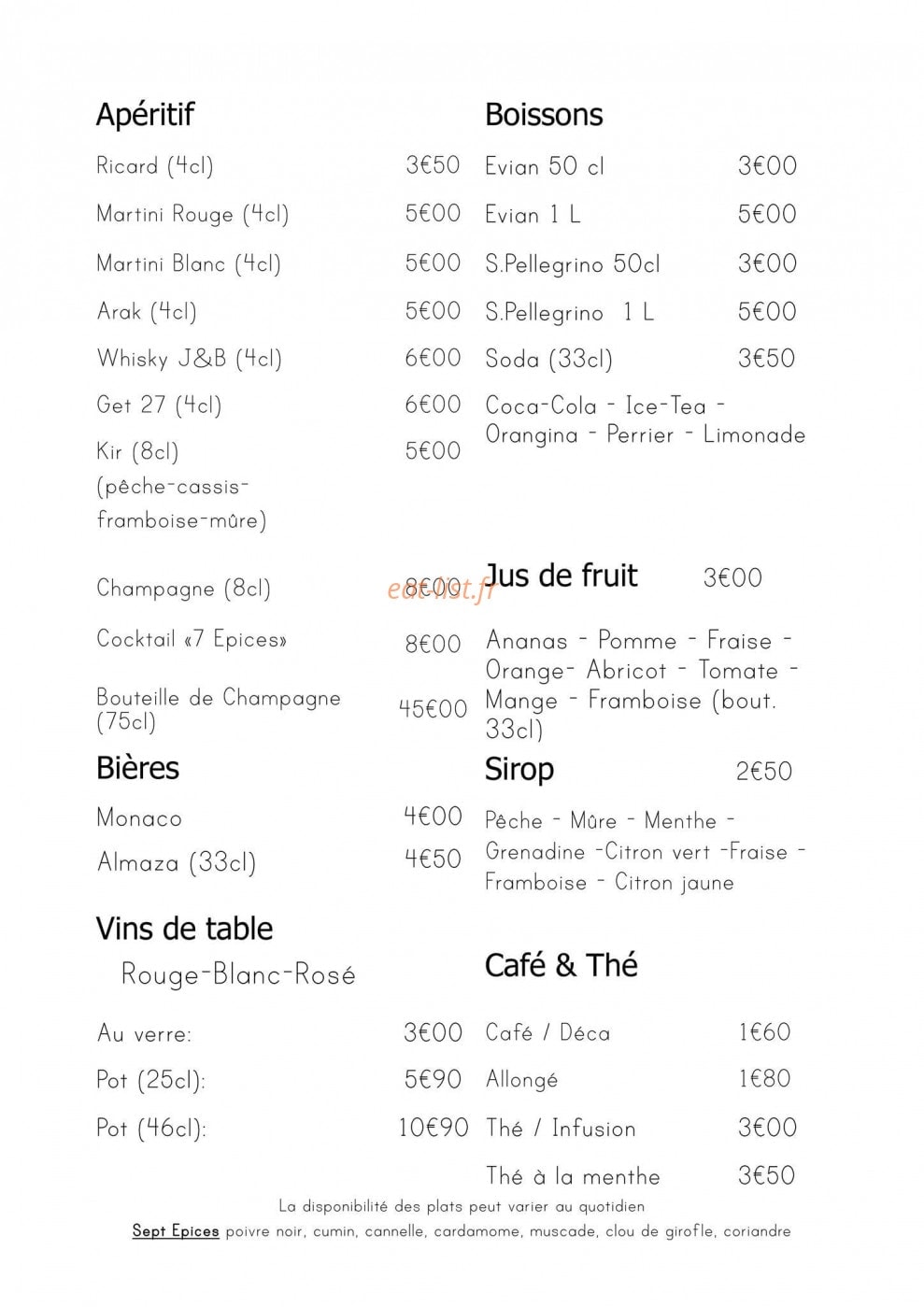 Sept Epices — carte page 10