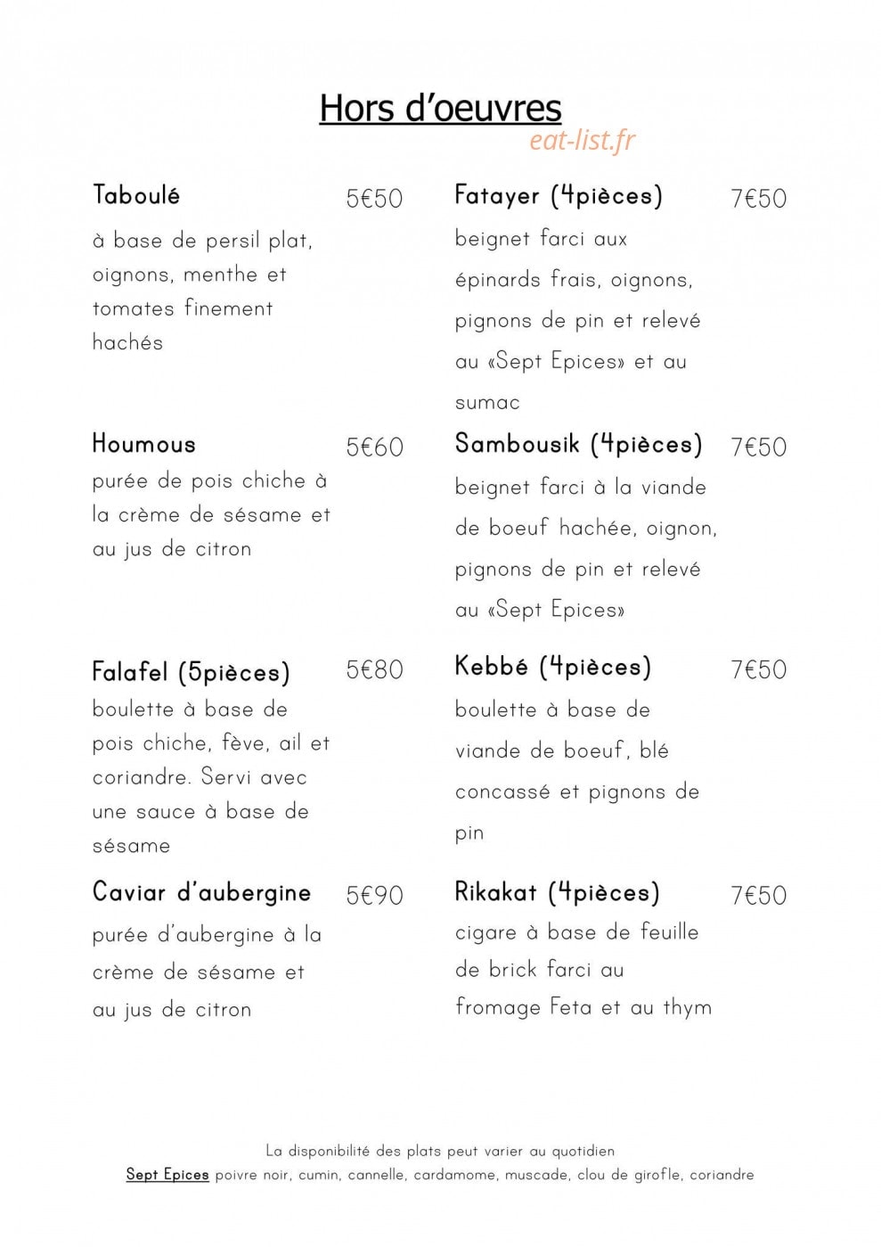 Sept Epices — carte page 2