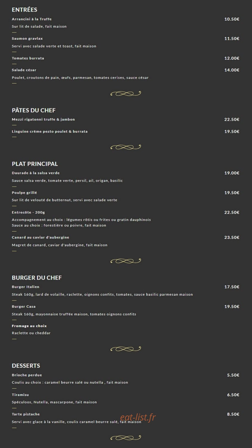 Le Casa Restaurant — carte page 1