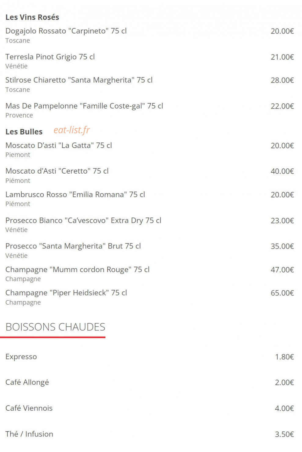 Carte et menu de Pizzeria  Le Napolitain à Lyon 8 — La cave et boissons chaudes