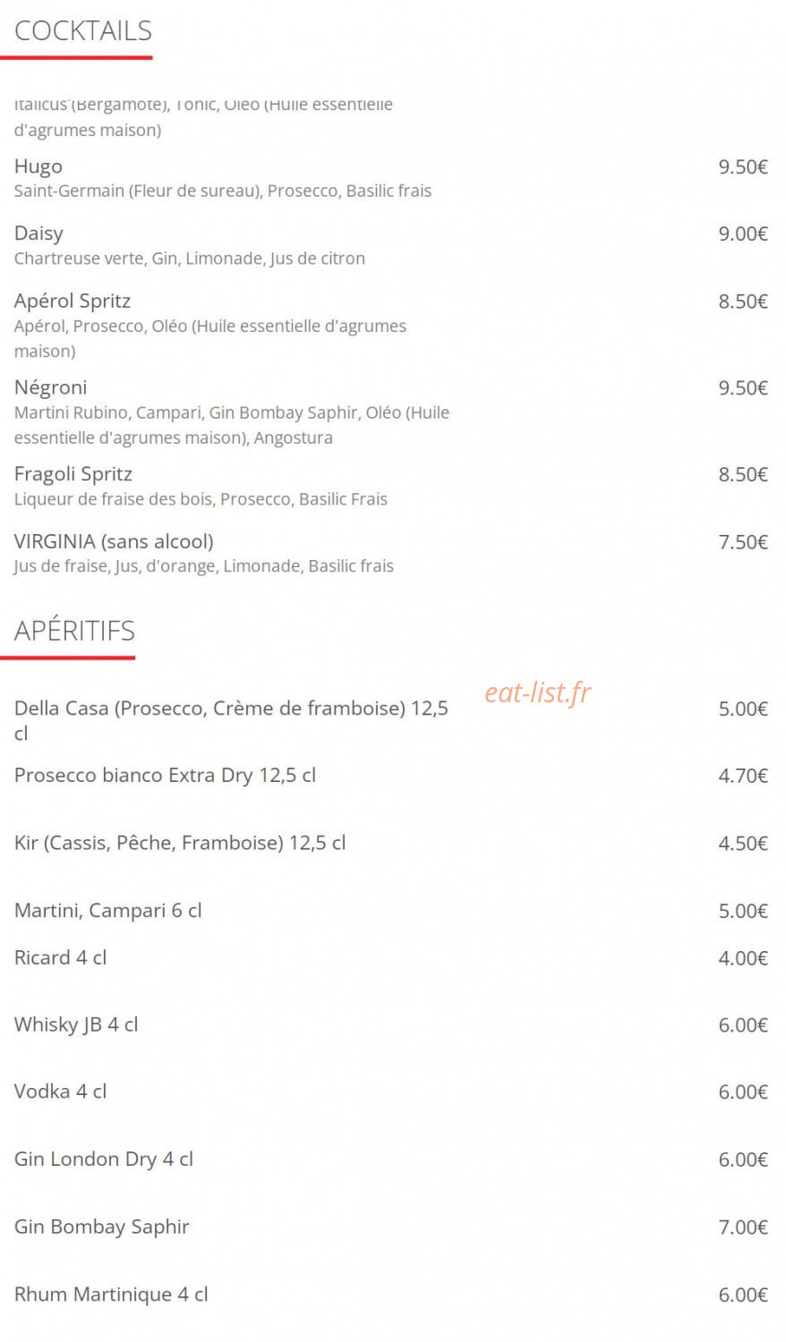 Carte et menu de Pizzeria  Le Napolitain à Lyon 8 — Les cocktails et apéritifs