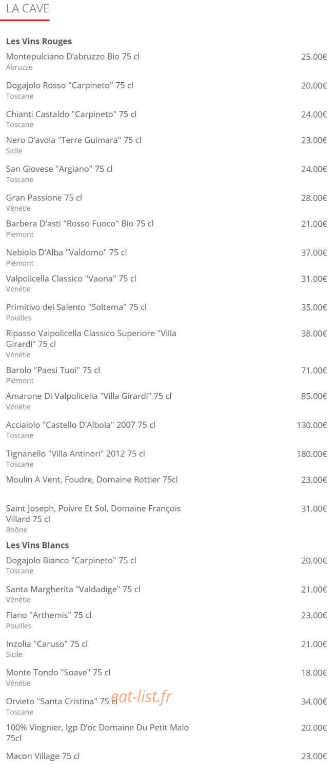 Carte et menu de Pizzeria  Le Napolitain à Lyon 8 — La cave