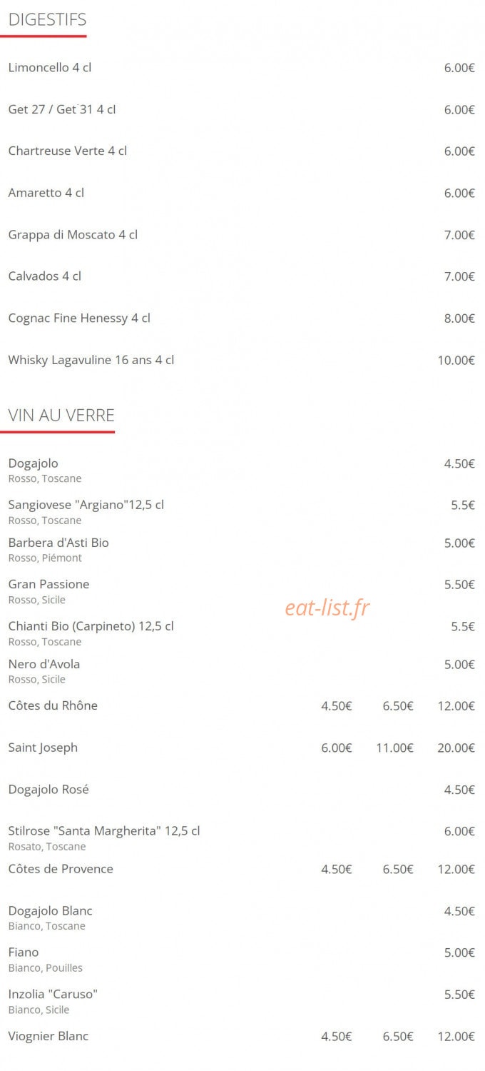 Carte et menu de Pizzeria  Le Napolitain à Lyon 8 — Les digestifs et vin au verre