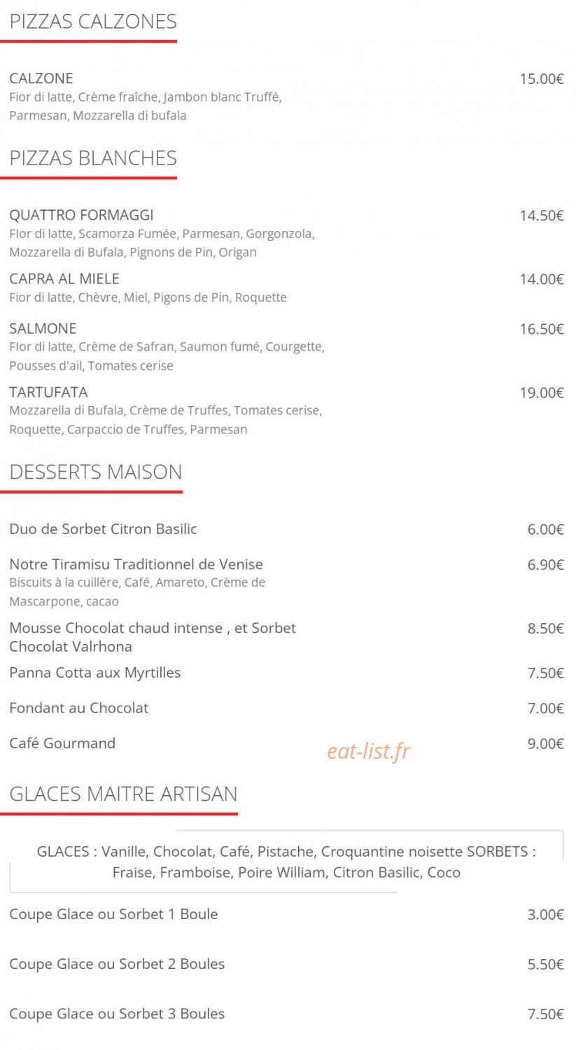 Carte et menu de Pizzeria  Le Napolitain à Lyon 8 — Les pizzas, desserts et glaces