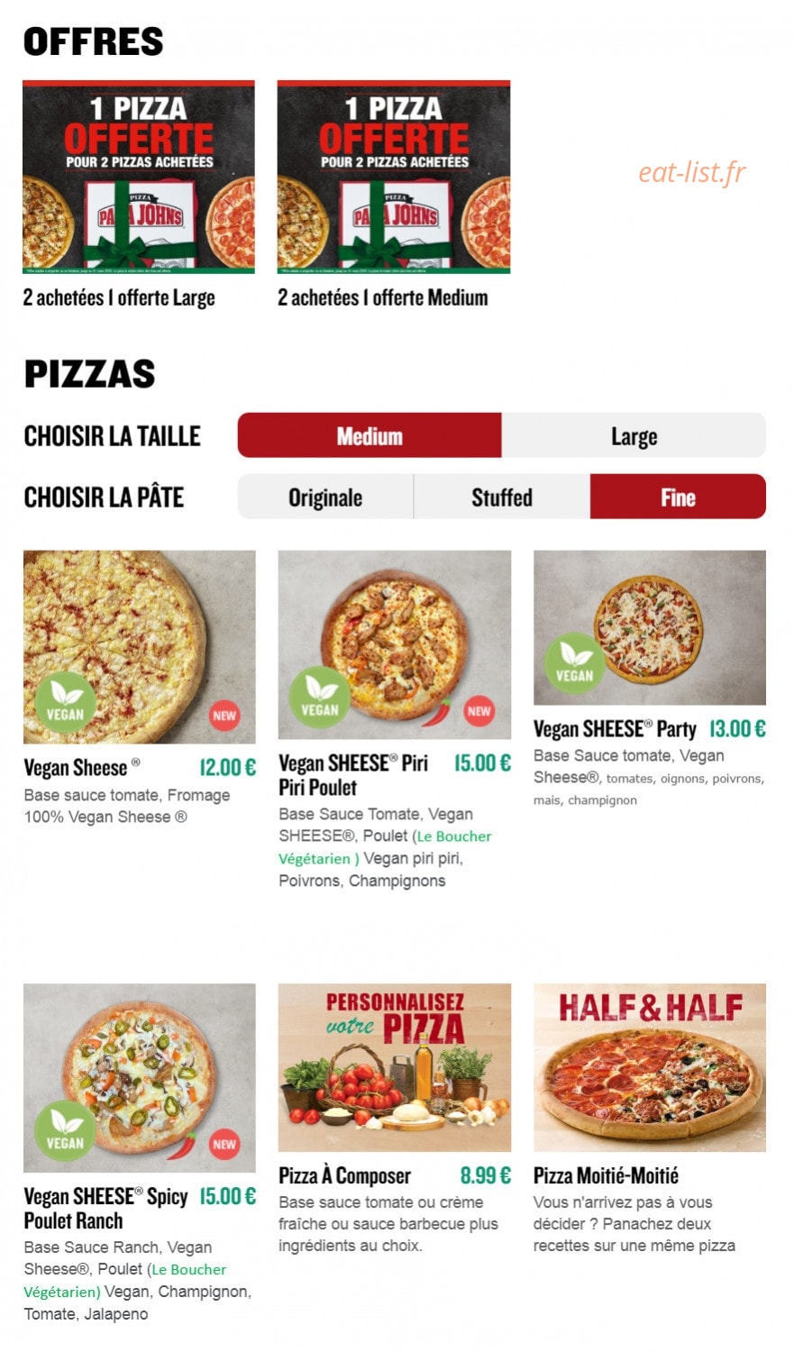 Papa John's Pizza — carte page 1