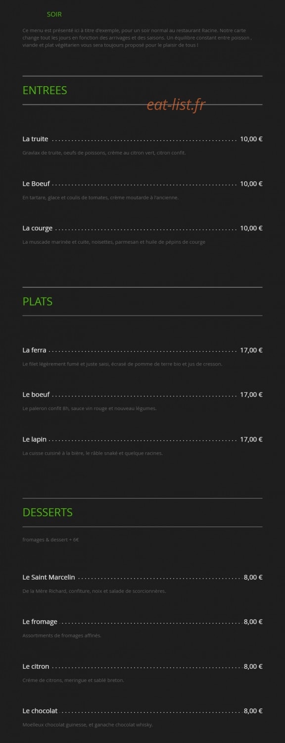 Racine Restaurant — carte page 3