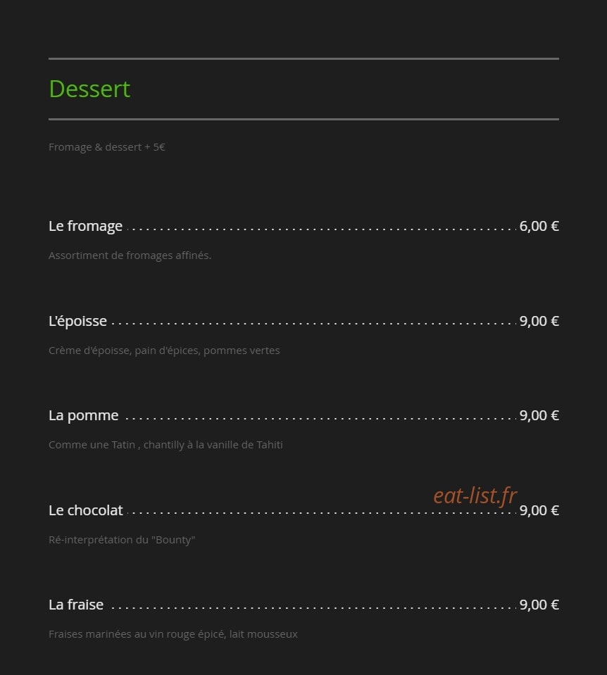 Racine Restaurant — carte page 2