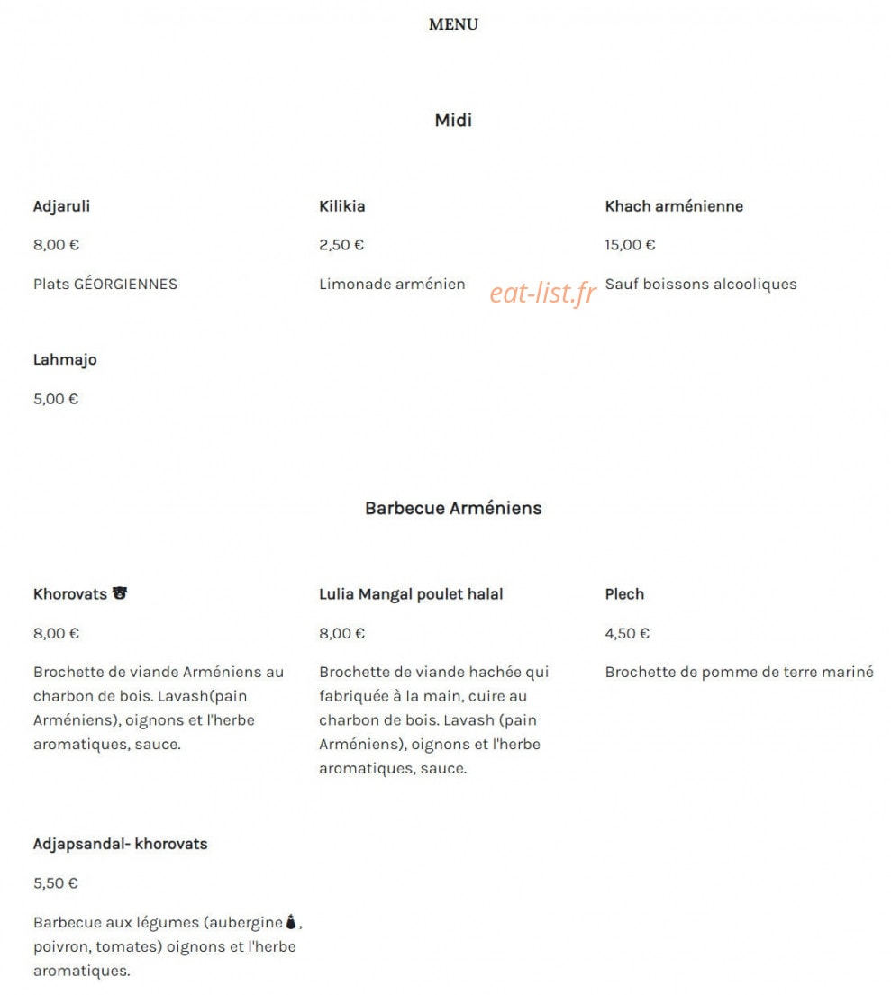 Armen Restaurant — carte page 1