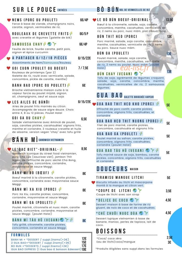 Carte et menu de Au Petit Bànôi à Villeurbanne — Sur le pouce, banh mi et boissons,...