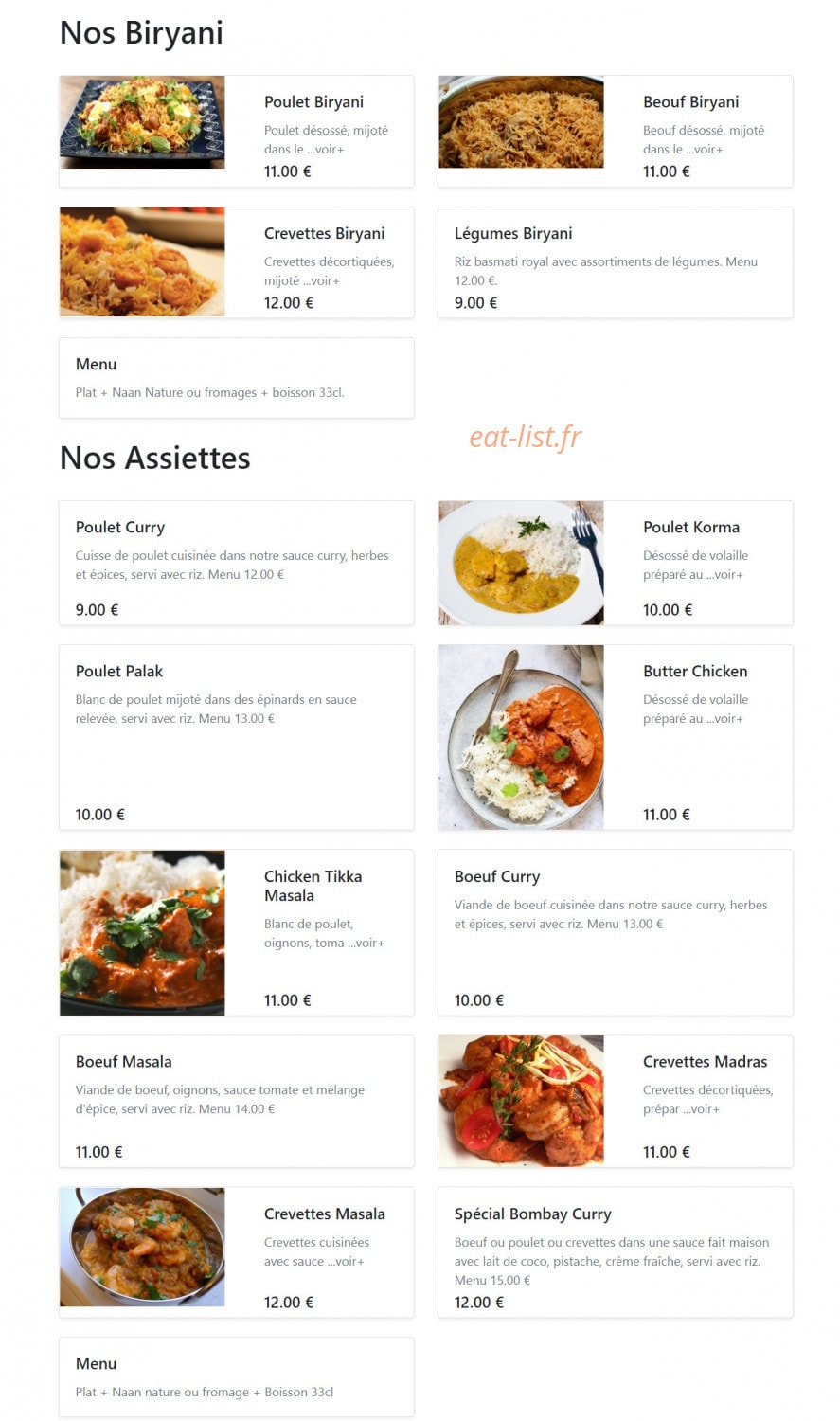 Carte et menu de Bombay Tandoori à Villeurbanne — Les biryani et assiettes