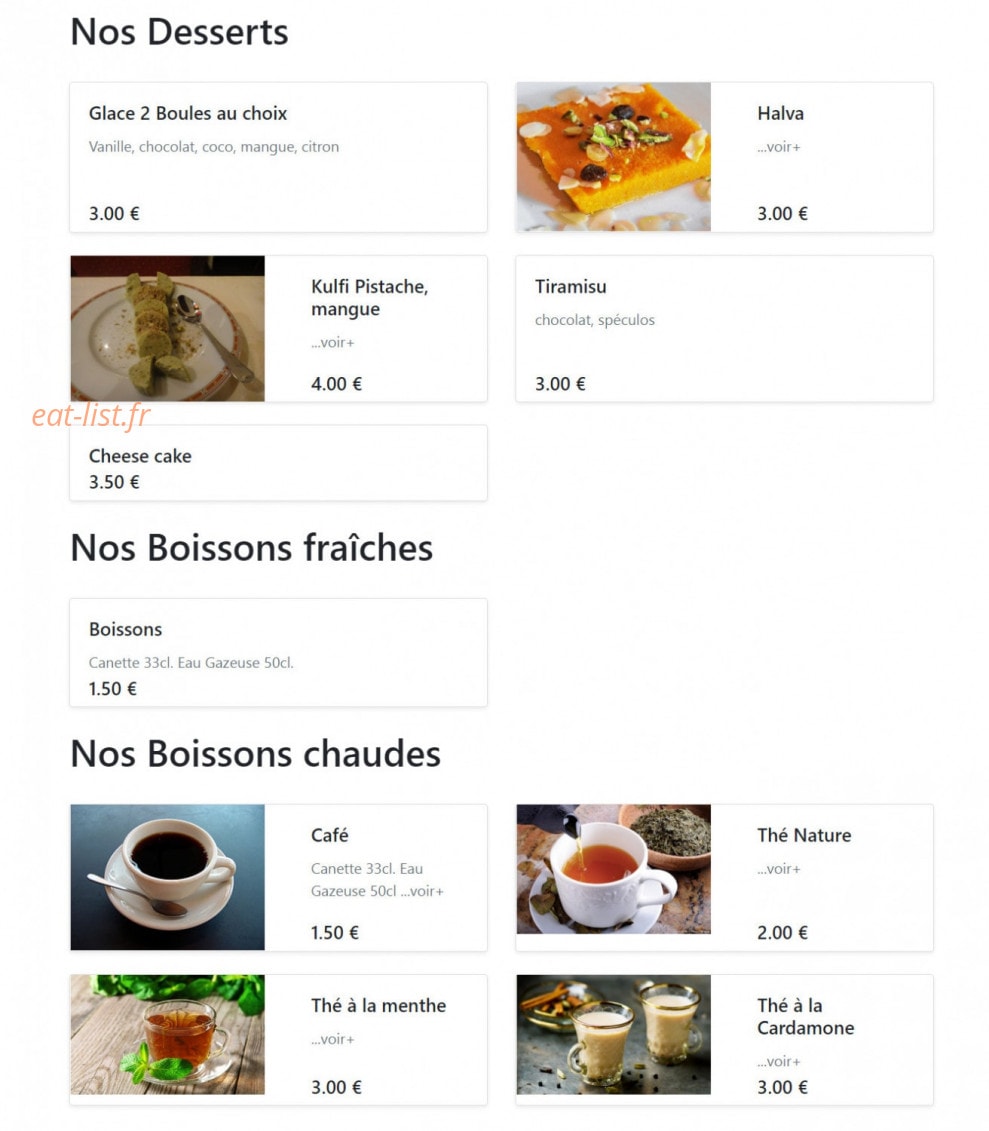Carte et menu de Bombay Tandoori à Villeurbanne — Les desserts et boissons