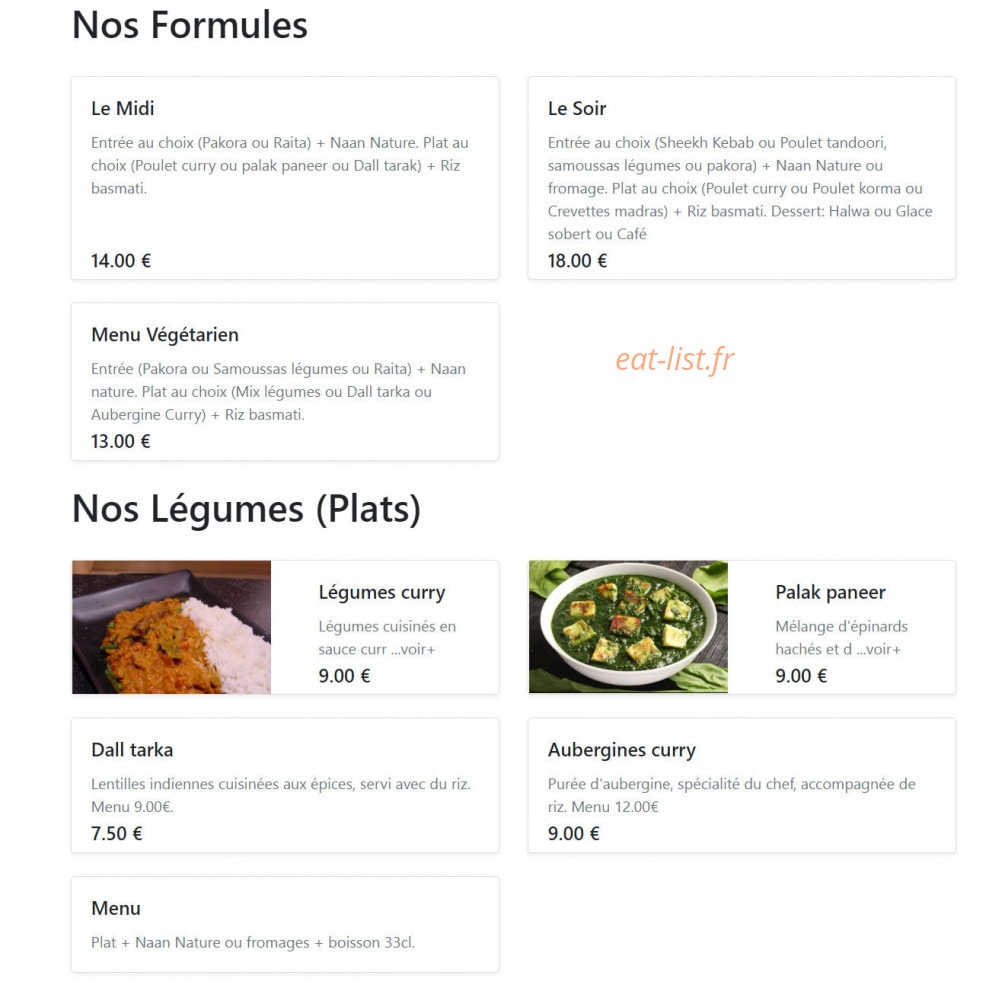 Carte et menu de Bombay Tandoori à Villeurbanne — Les formules et légumes