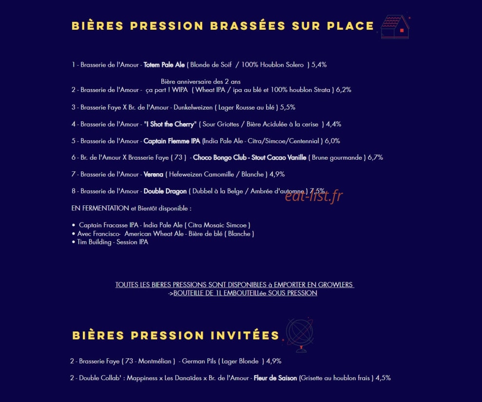 Carte et menu de Brasserie de l'Amour à Villeurbanne — Les bières
