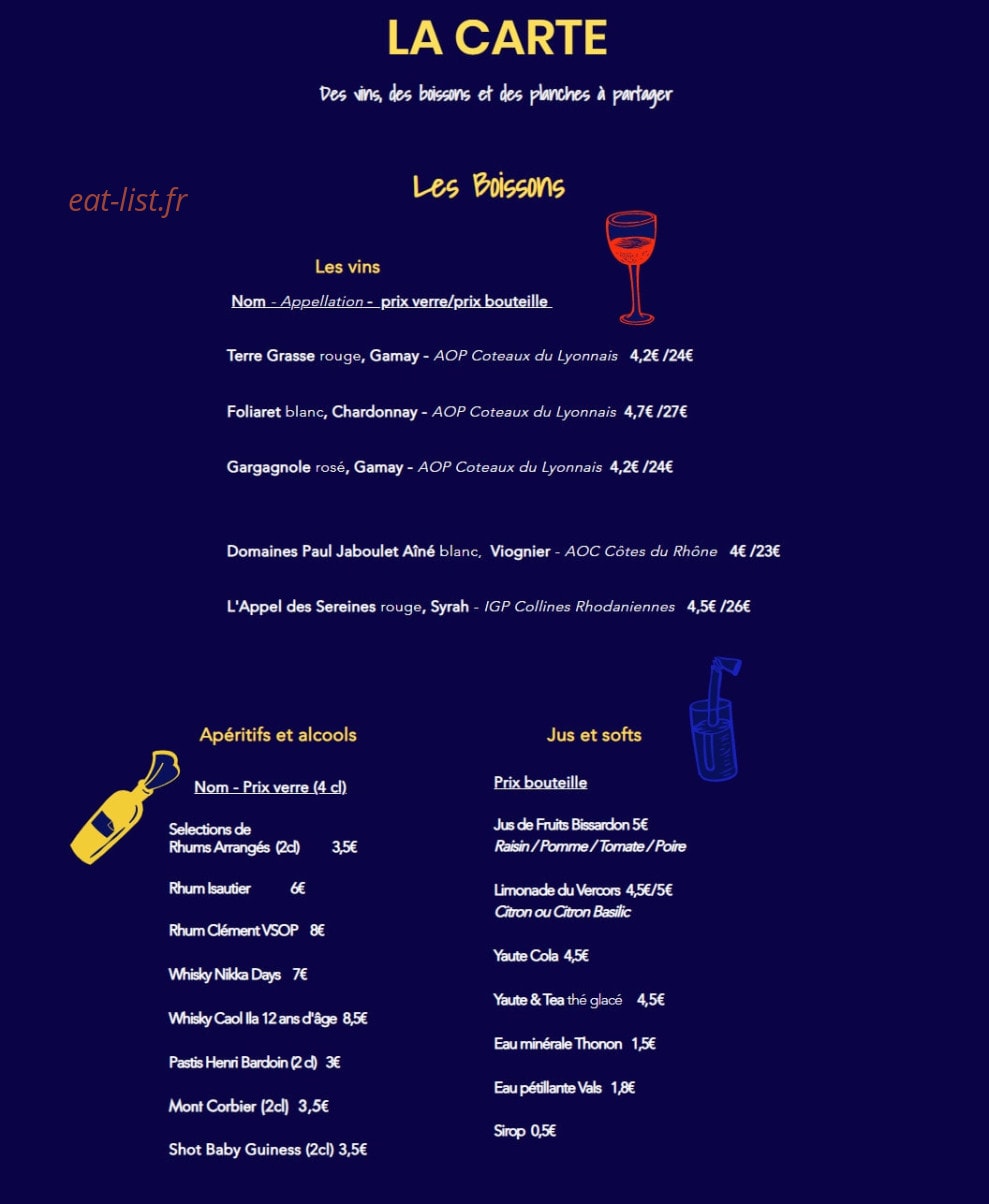 Carte et menu de Brasserie de l'Amour à Villeurbanne — Les boissons