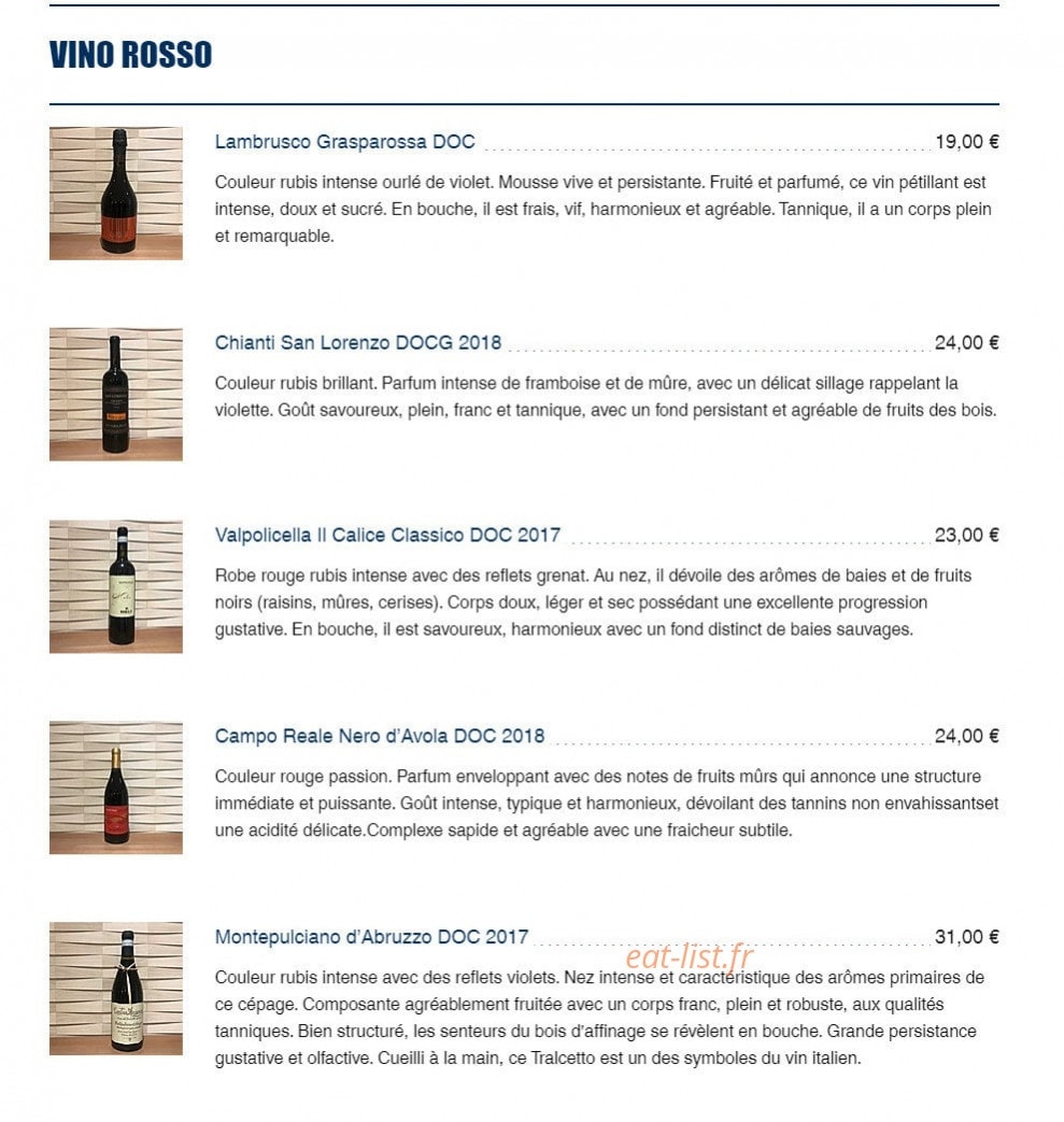 Carte et menu de Delizia Trattoria à Villeurbanne — Les vins