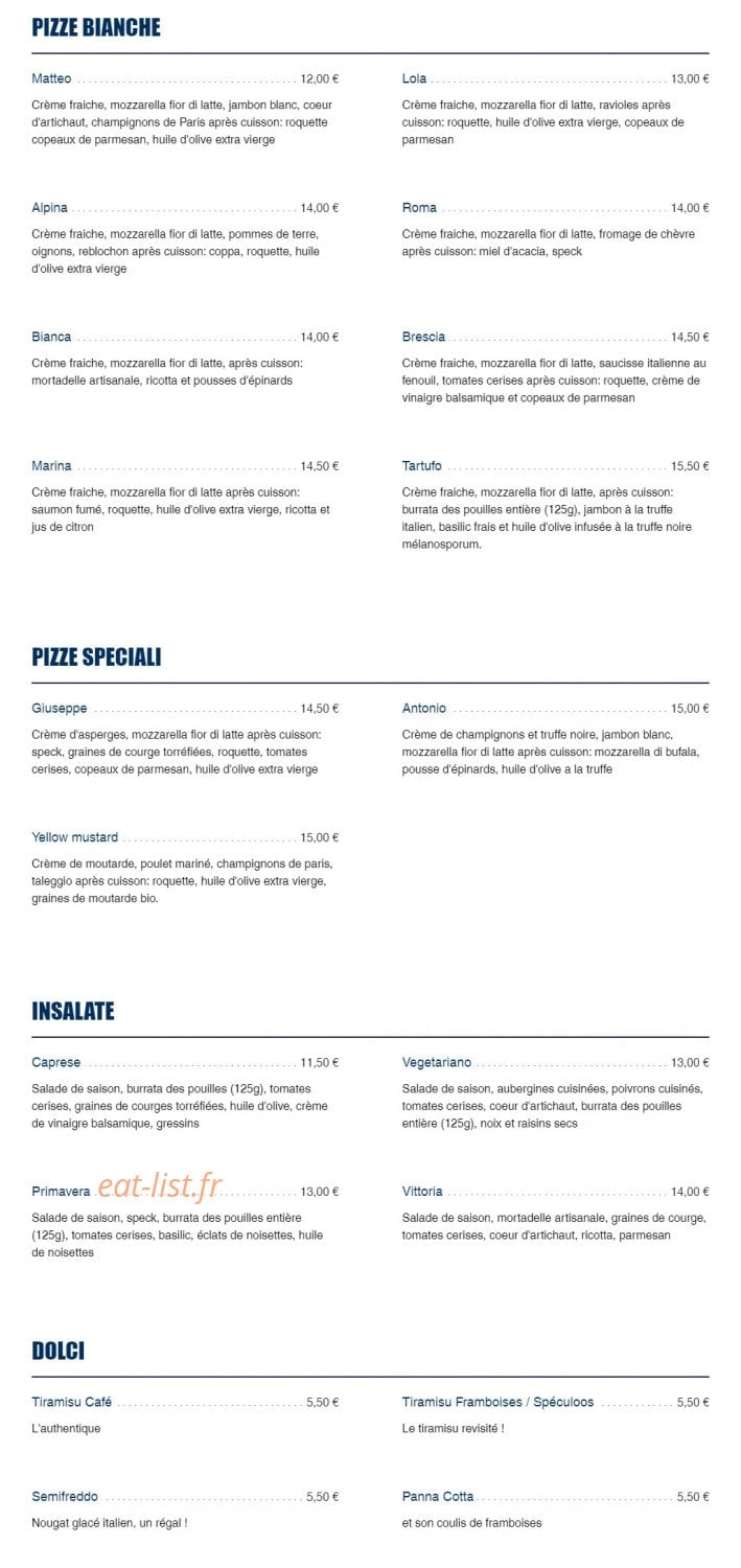 Carte et menu de Delizia Trattoria à Villeurbanne — Les pizzas, insalate et dolci