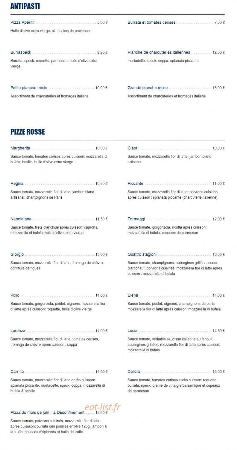 Carte et menu de Delizia Trattoria à Villeurbanne — Les pizzas et antipasti