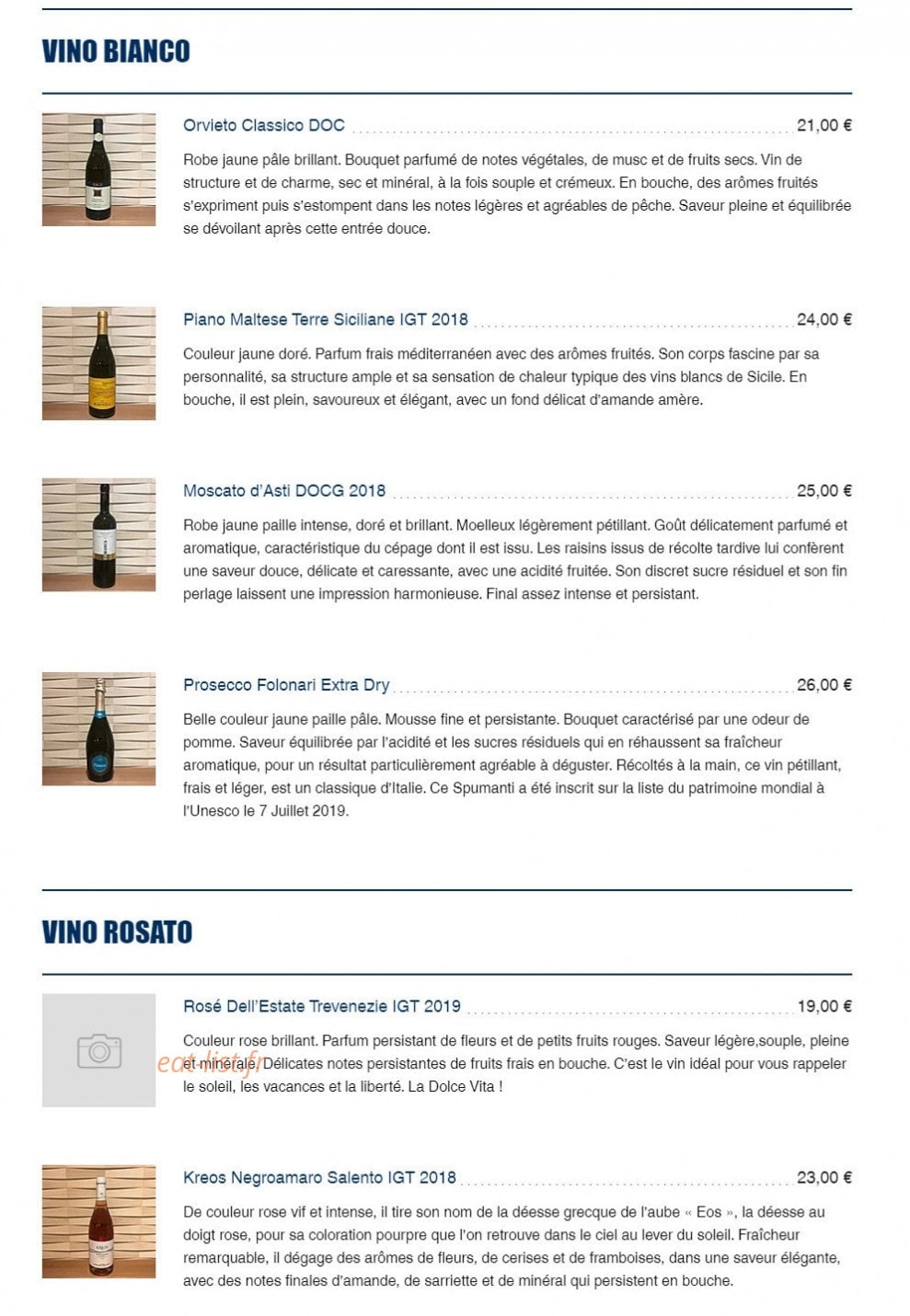 Carte et menu de Delizia Trattoria à Villeurbanne — Les vins suite