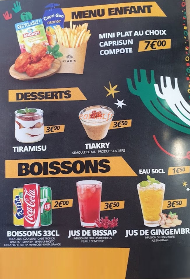 Carte et menu de Diak’s African Food à Villeurbanne — Menu enfant, desserts et boissons