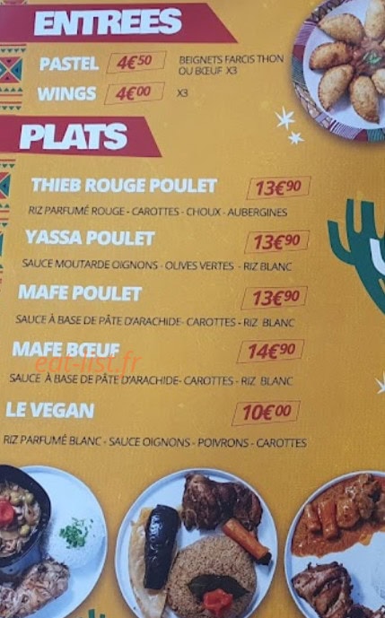 Carte et menu de Diak’s African Food à Villeurbanne — Les entrées et plats