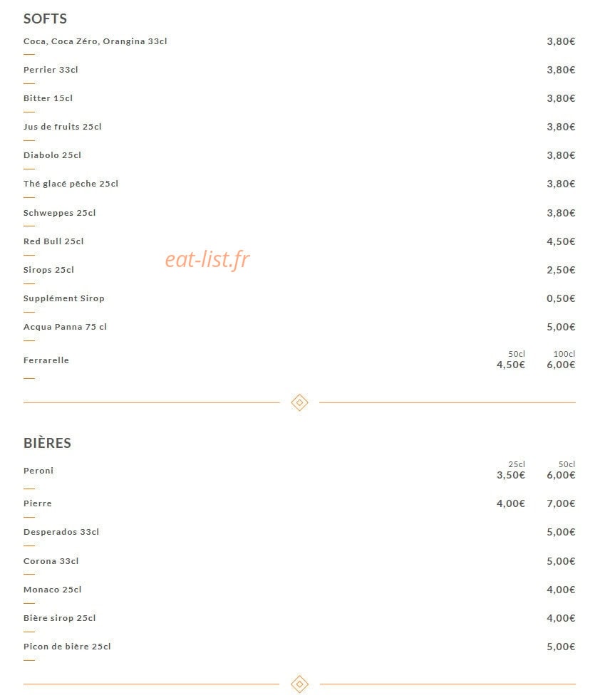 Carte et menu de Giovanni Ristorante à Villeurbanne — Les softs et bières