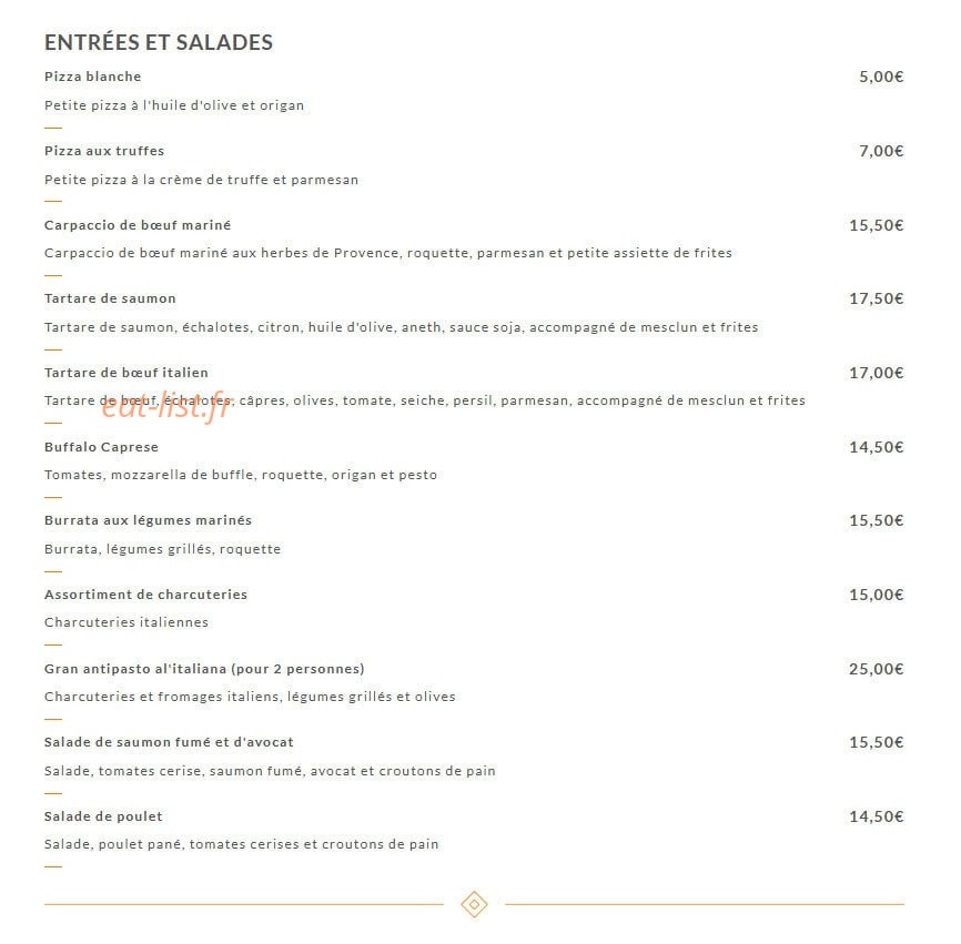 Carte et menu de Giovanni Ristorante à Villeurbanne — Les entrées et salades