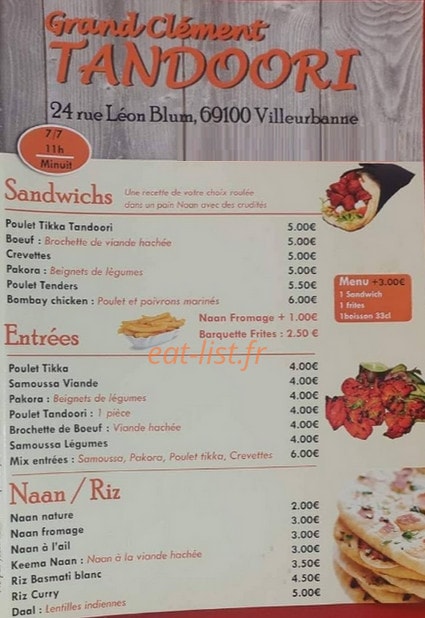 Carte et menu de Grandclément Tandoori à Villeurbanne — Les sandwichs, entrées, naan et riz