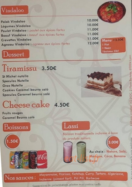Carte et menu de Grandclément Tandoori à Villeurbanne — Le vindaloo, desserts, boissons et lassi