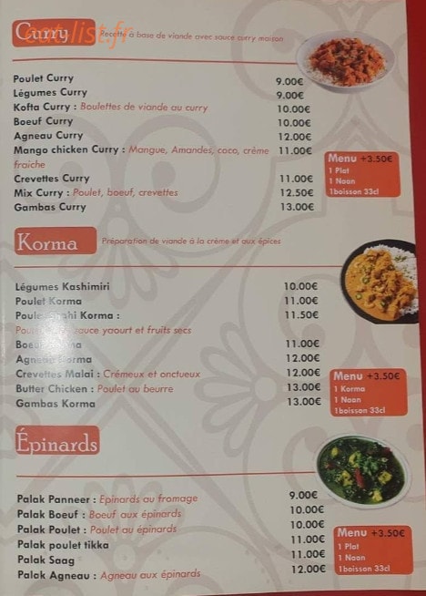 Carte et menu de Grandclément Tandoori à Villeurbanne — Le curry, corna et épinards