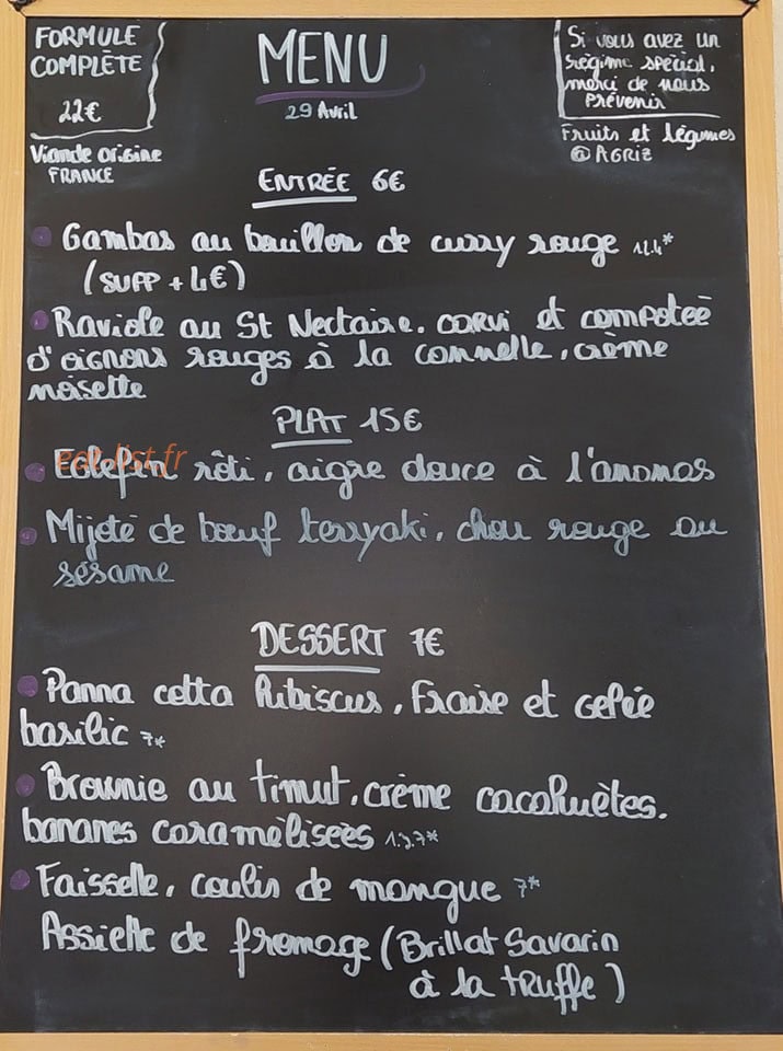 Carte et menu de La Tamtamerie à Villeurbanne — Exemple de menu