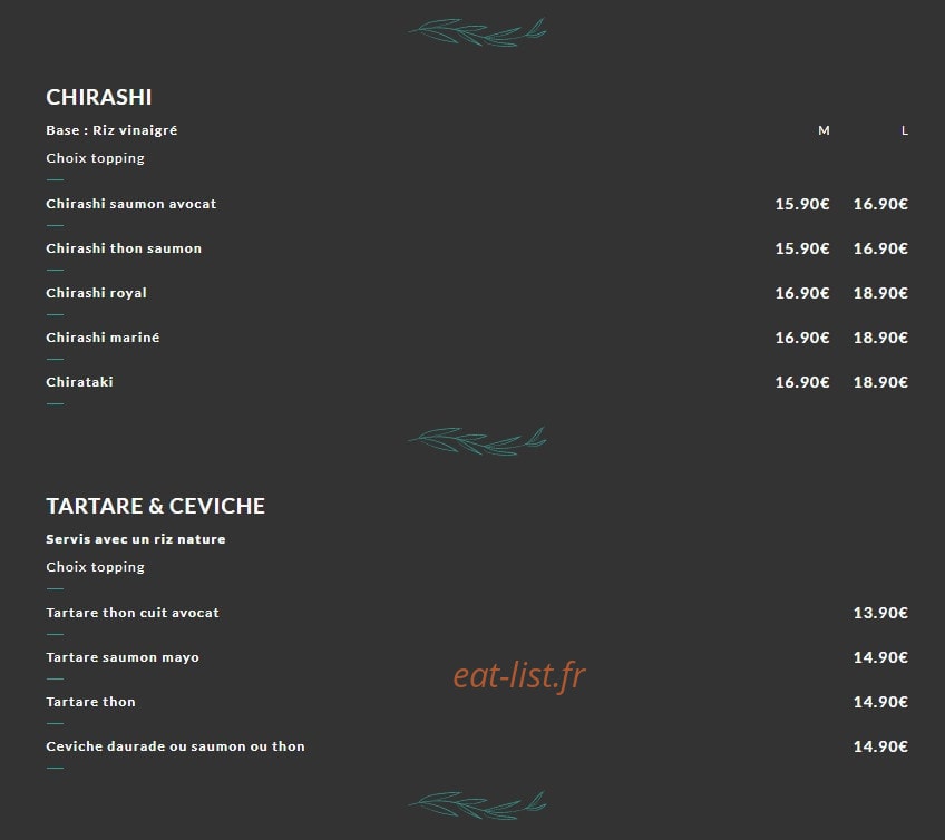 Carte et menu de Okto Sushi à Villeurbanne — Chitrashi et tartares ceviche