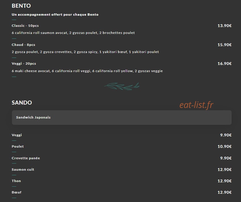 Carte et menu de Okto Sushi à Villeurbanne — Bento et sando