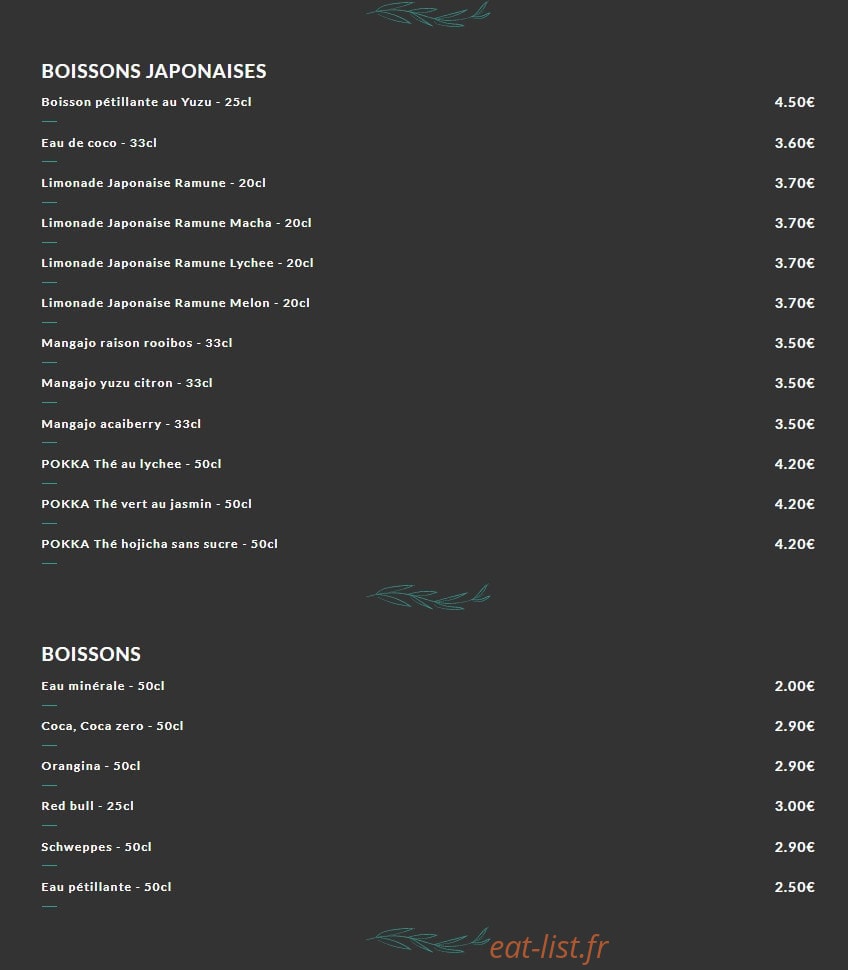 Carte et menu de Okto Sushi à Villeurbanne — Les boissons japonais et boissons