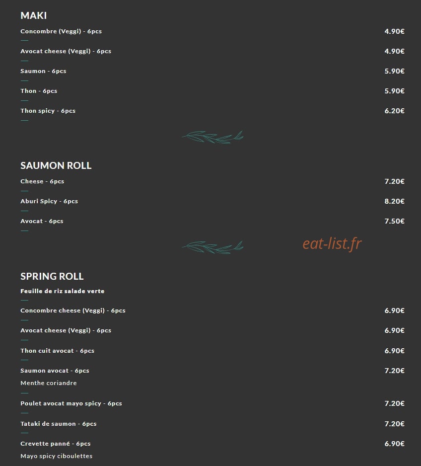 Carte et menu de Okto Sushi à Villeurbanne — Maki, saumon roll et spring roll