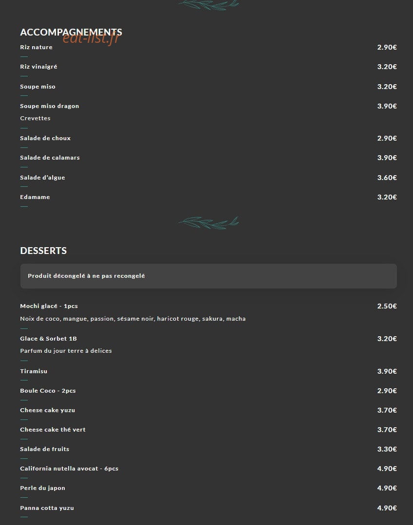 Carte et menu de Okto Sushi à Villeurbanne — Les accompagnements et desserts