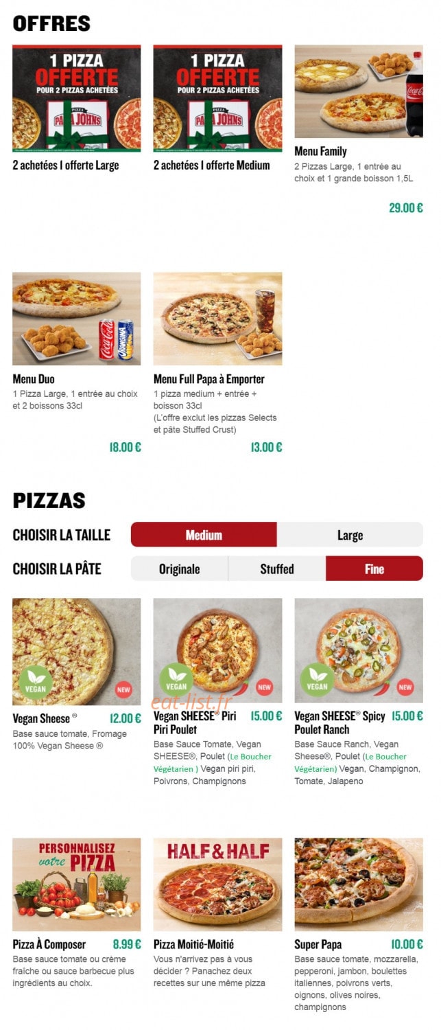 Papa John's Pizza — carte page 1