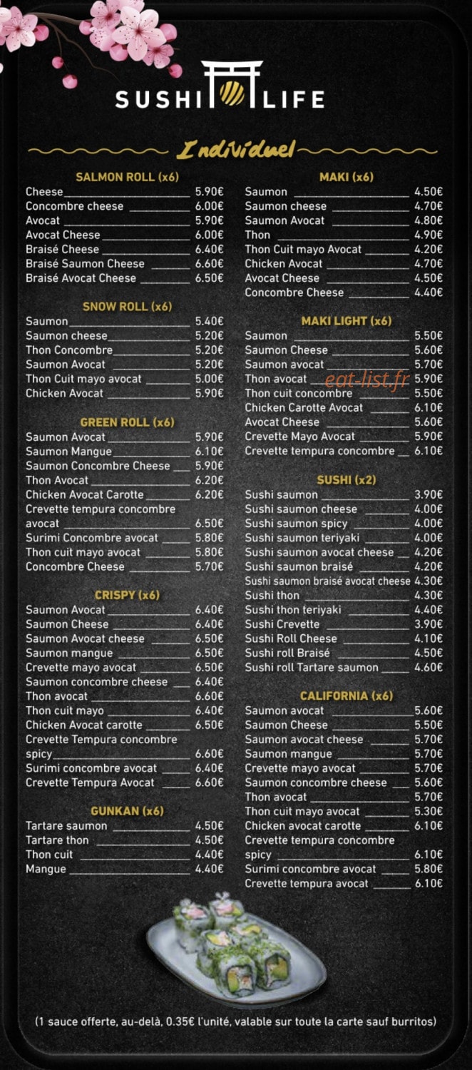 Carte et menu de Sushi Life à Villeurbanne — Individuel