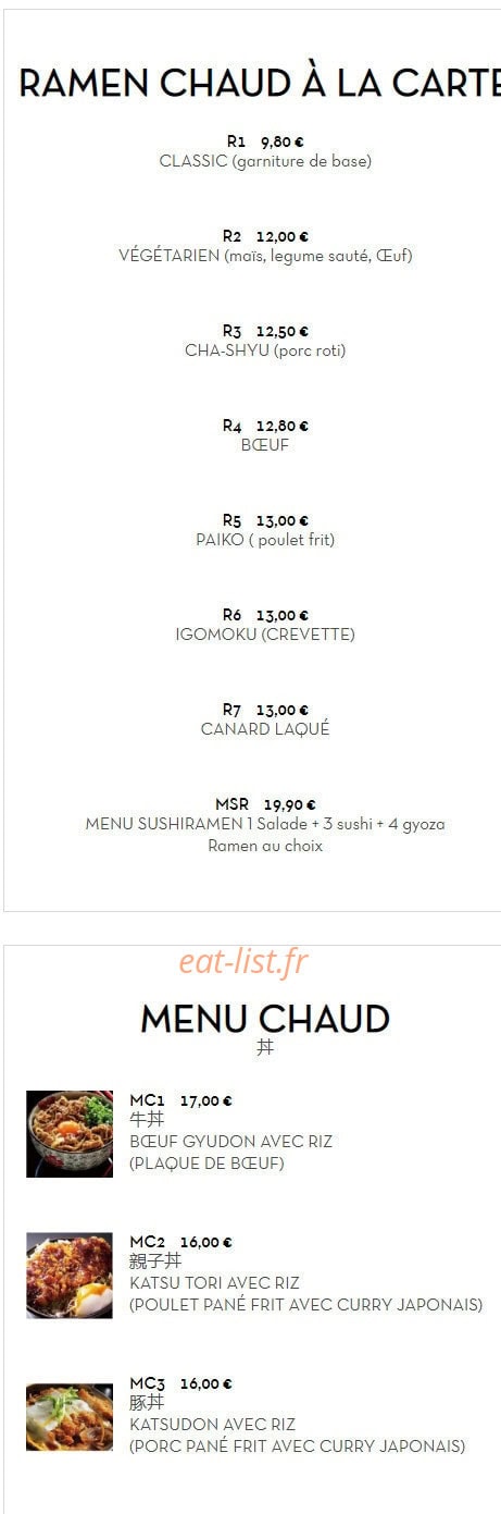 Carte et menu de Sushi Ramen à Villeurbanne — Ramen chaud a la carte et menu chaud