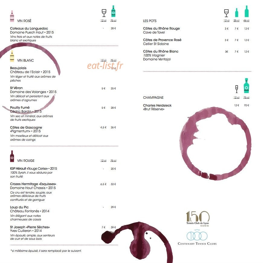 Carte et menu de Tennis Club de Lyon à Villeurbanne — Les vins rosés, les vins blancs,....