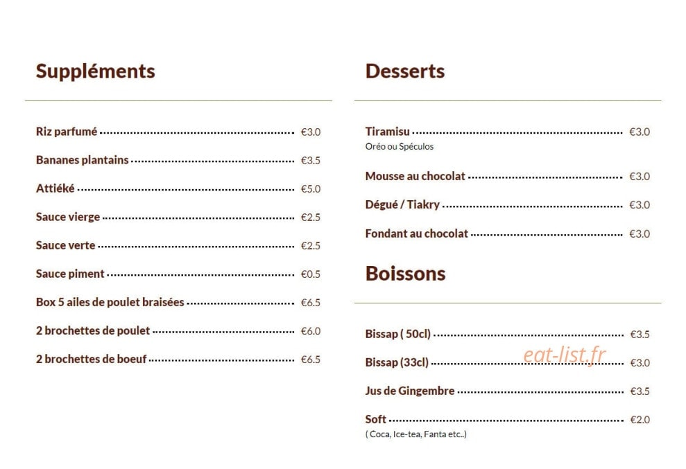 Carte et menu de Zoulou Food à Villeurbanne — Les suppléments, desserts et boissons