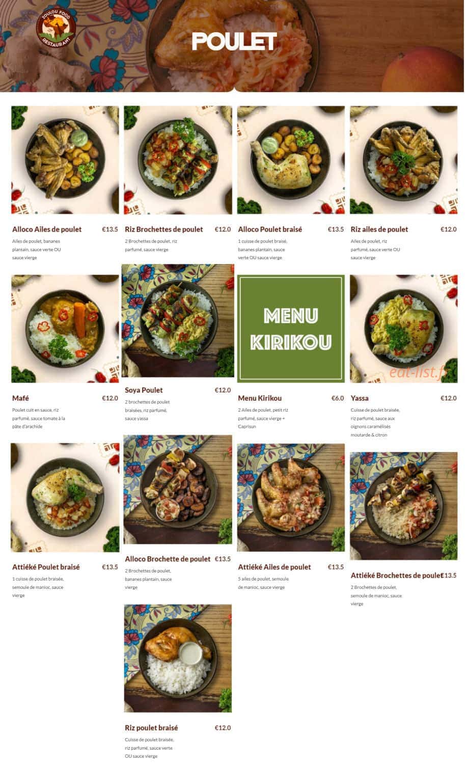 Carte et menu de Zoulou Food à Villeurbanne — Les plats poulets